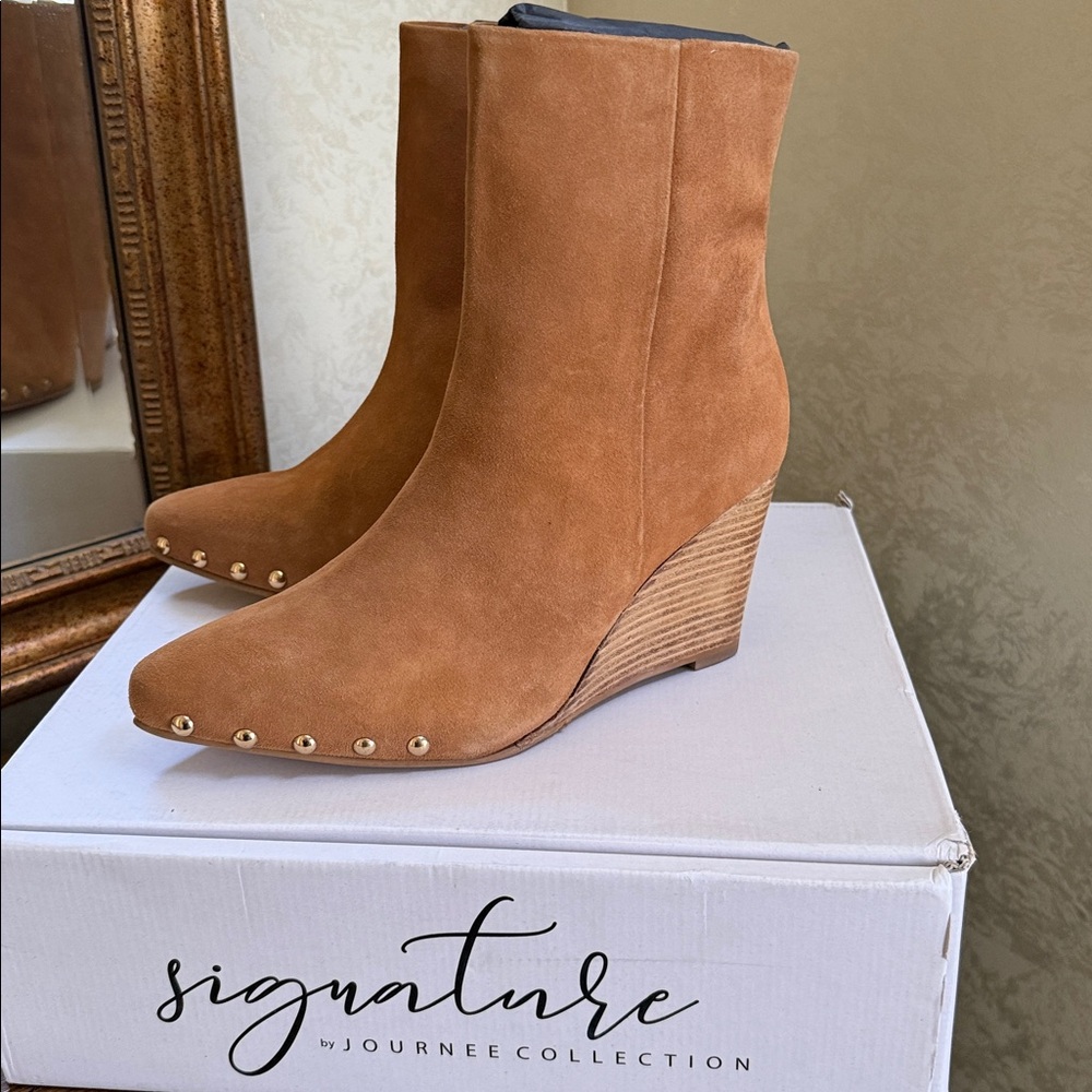 Journee Signature Collection Reeya Tan Suede Studded Wedge Ankle Boots. Size 9.